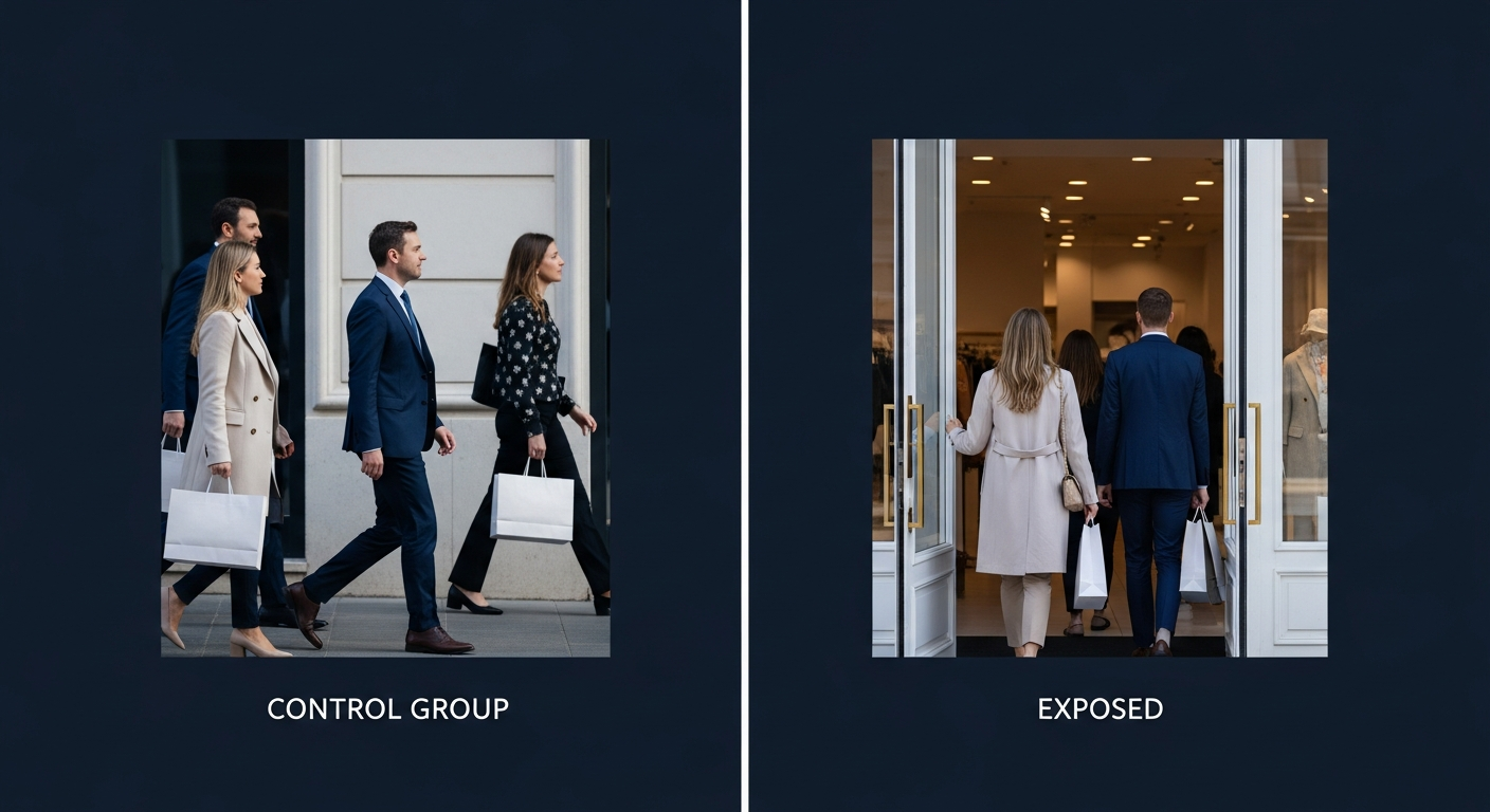 A clean split scene showing two groups of shoppers, one group walking past a storefront and one entering, suggesting a c