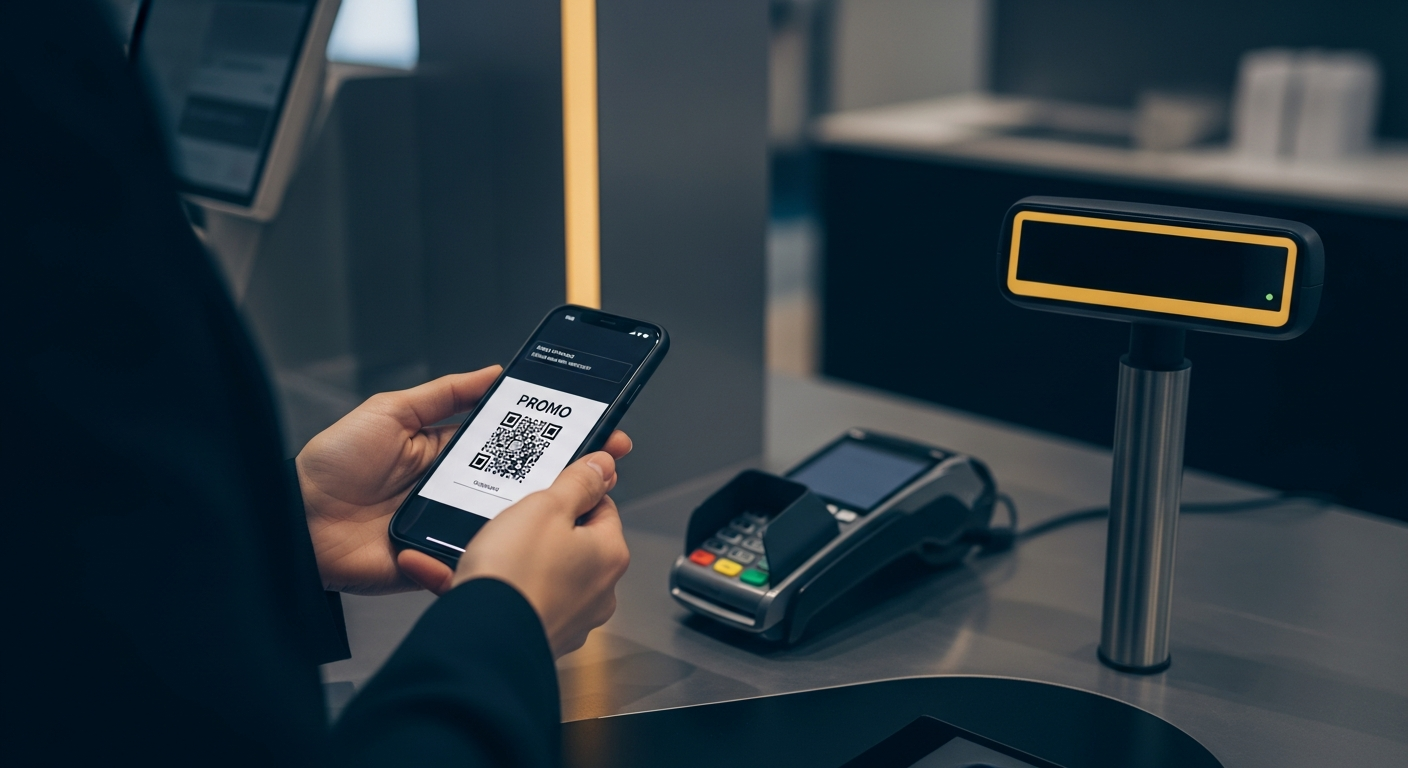 A close-up of hands holding a smartphone with a promo code at a retail checkout counter, a card reader nearby, neutral m