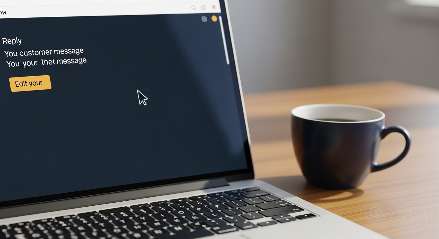 A close-up of a laptop screen showing a draft reply to a customer message with an edit cursor, a coffee cup beside it on