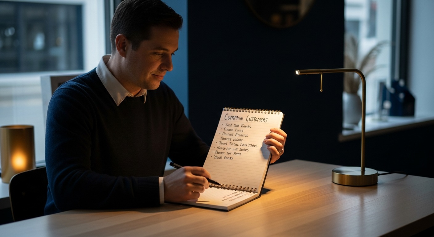 A small business owner reviewing notes on a notepad listing common customer questions, sitting near a window in a quiet