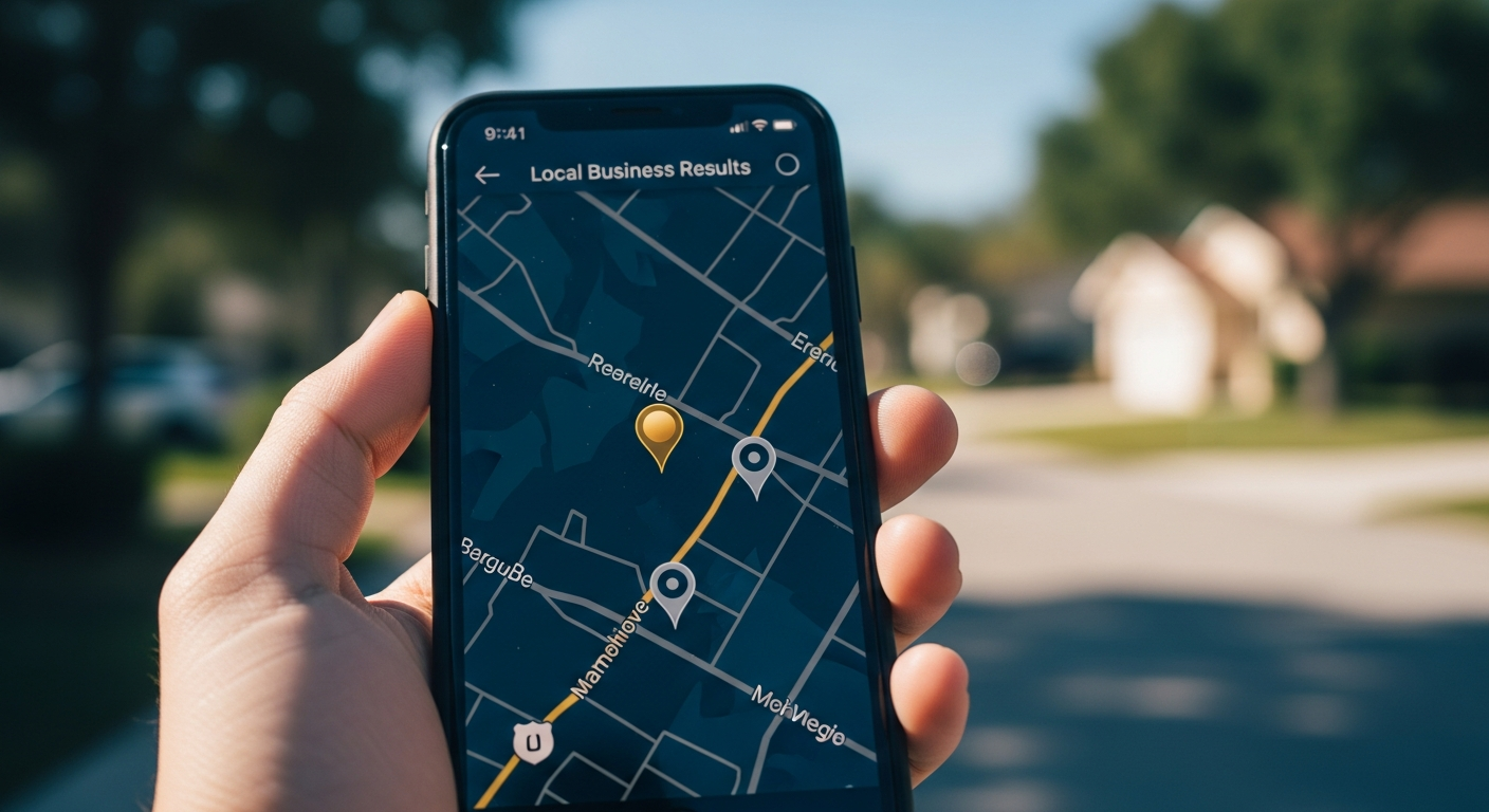A smartphone held in a hand showing a map with three pinned local business results, blurred Florida neighborhood in the