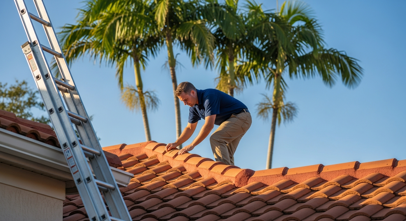 A roofing professional inspecting a tile roof on a Florida home under a clear blue sky, ladder visible, palm trees nearb