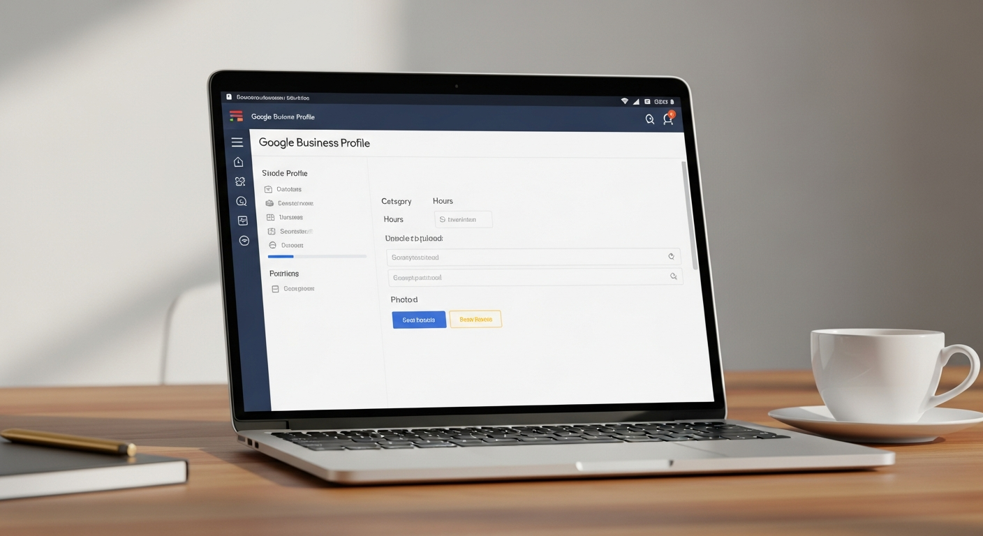 A clean laptop screen showing a Google Business Profile dashboard with category, hours, and photo fields being filled in