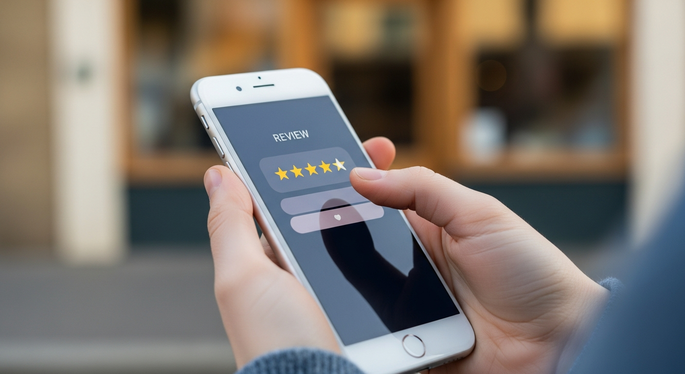 A close-up of a customer leaving a five-star review on a phone outside a local shop, the storefront softly blurred in th