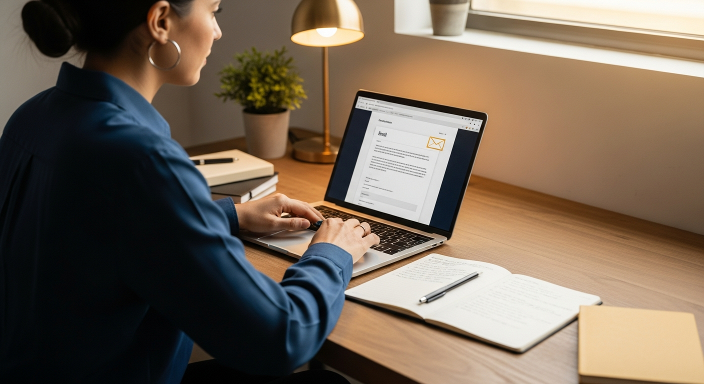 A small business owner sitting at a wooden desk in a workshop, laptop open showing an email draft, a notebook with handw