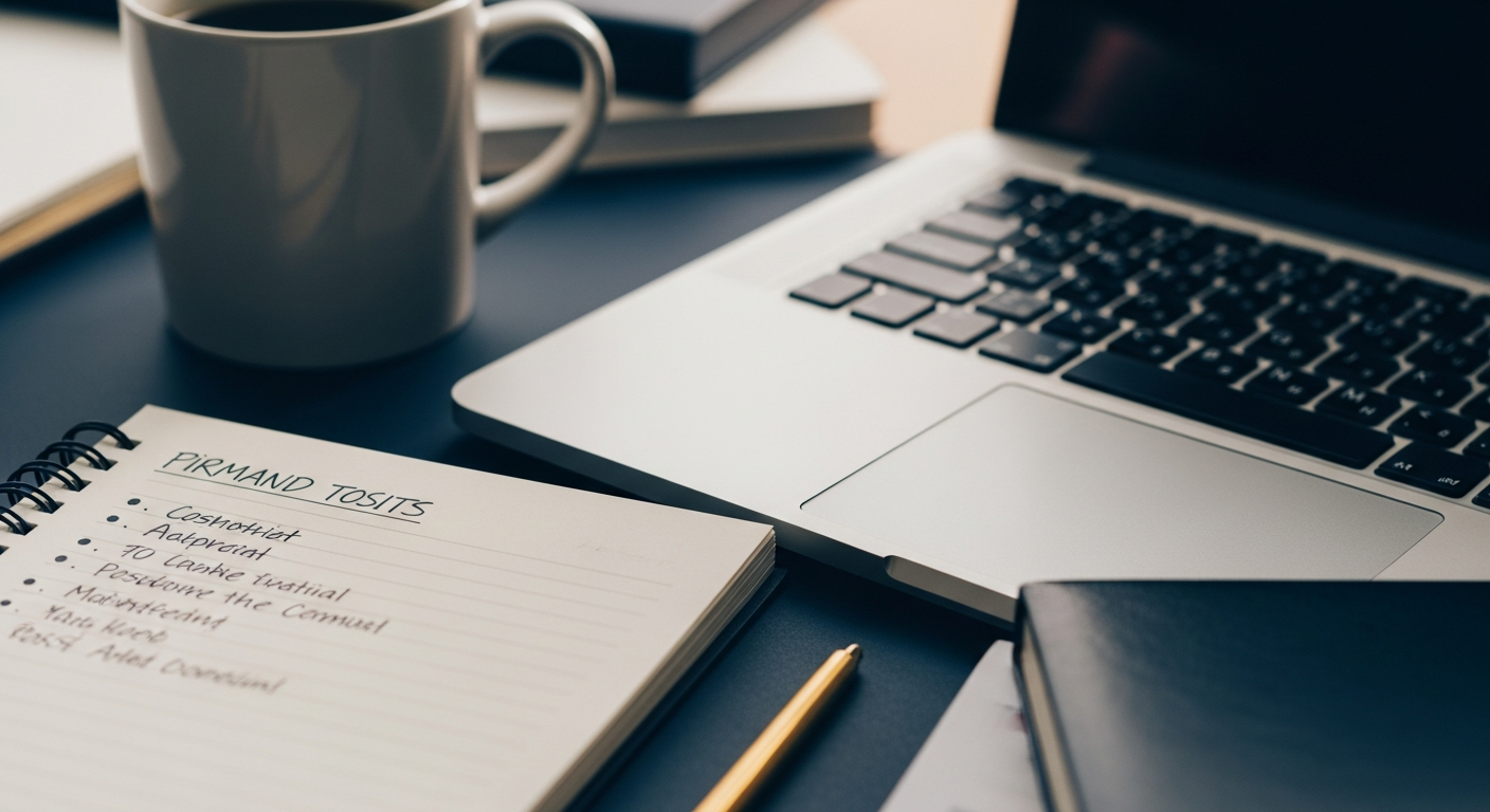A close-up of a handwritten notepad listing short bullet points next to an open laptop, a coffee mug nearby, on a clutte