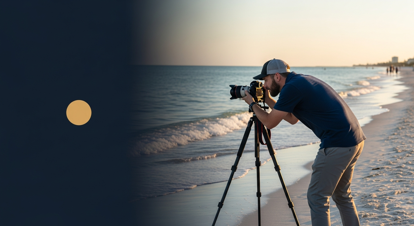 A photographer on a white-sand Sarasota beach at golden hour, camera on a tripod facing the water, soft warm light, gent