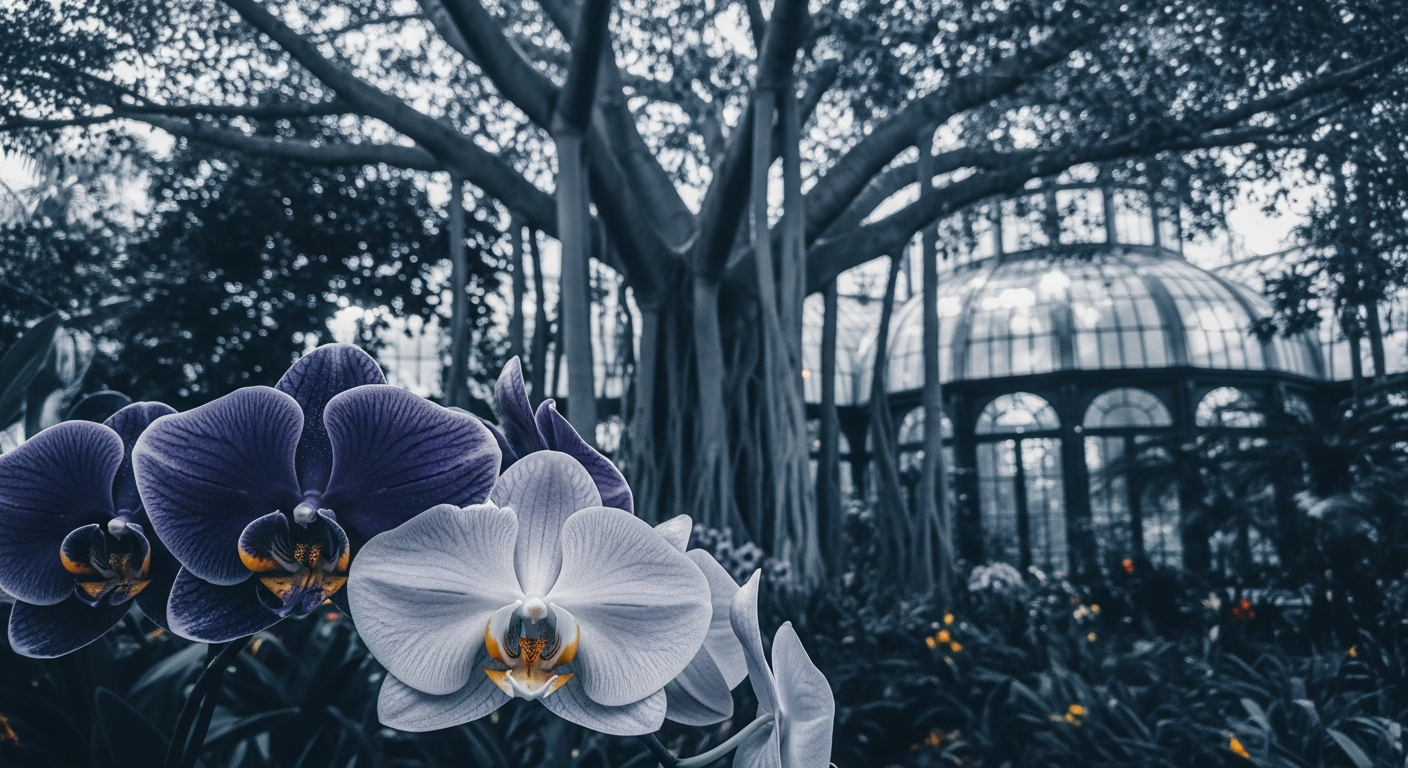 A lush botanical garden with orchids, a large banyan tree, and a glass conservatory in Sarasota, soft morning light, gre