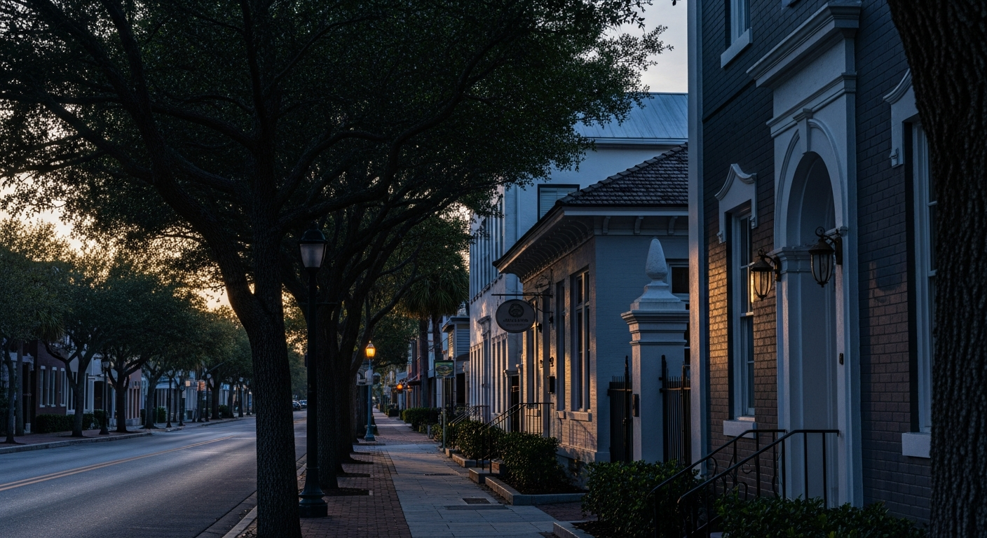 A quiet downtown Sarasota street with bungalow-style historic architecture, tree-lined sidewalk, brick details, early mo
