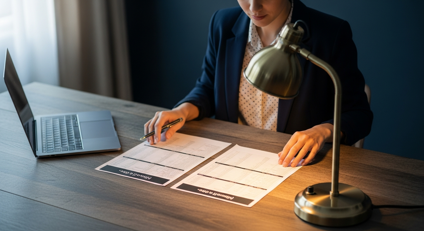 A small business owner at a wooden desk comparing two printed spreadsheets side by side under warm lamplight, a laptop o