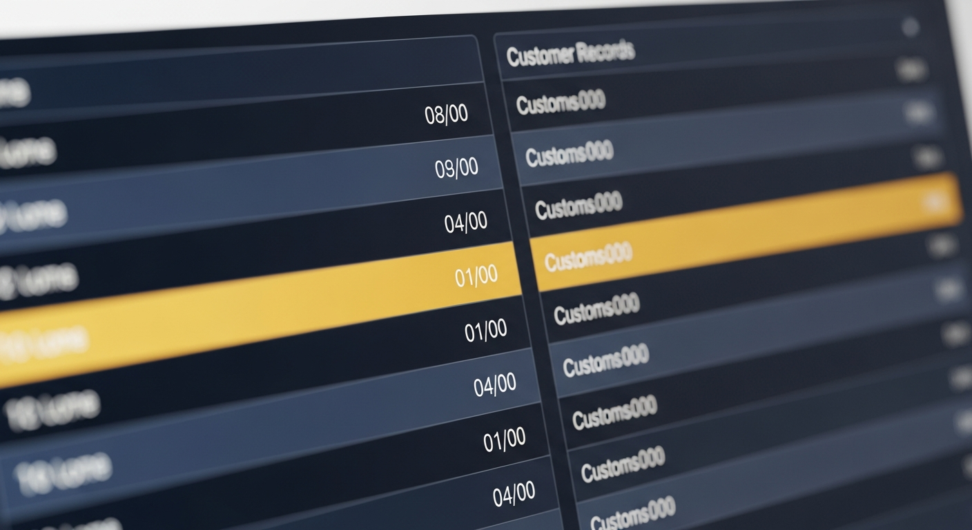 Two columns of customer records on a computer screen with several rows highlighted where they align, clean and literal,