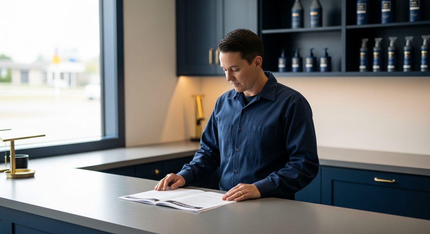 An owner-operator in a small shop reviewing a single printed report at the counter, calm daylight through the window, no