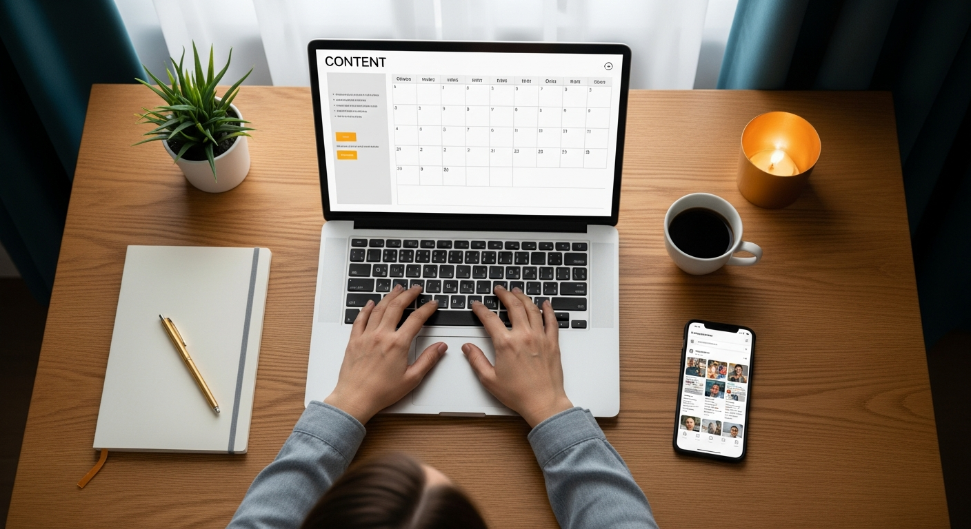 A business owner planning a content schedule at a desk with a laptop, notebook, and phone