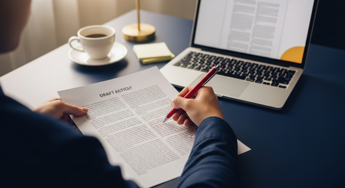 A person editing a printed draft by hand next to a laptop before publishing