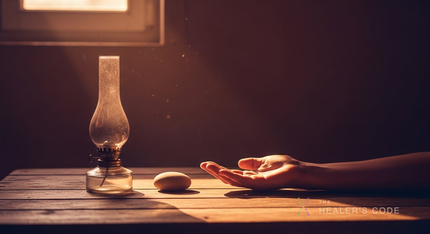 A weathered wooden table holds a single unlit oil lamp and a plain smooth stone beside an open hand resting palm-up in, the