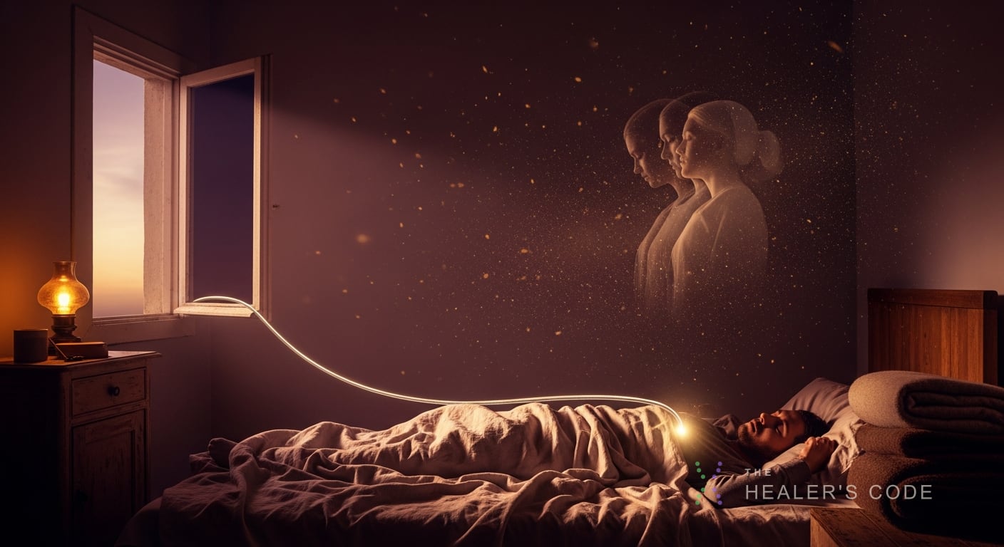A silver cord of soft golden light trails from a sleeping figure's chest through an open window into a plum-dark sky, their