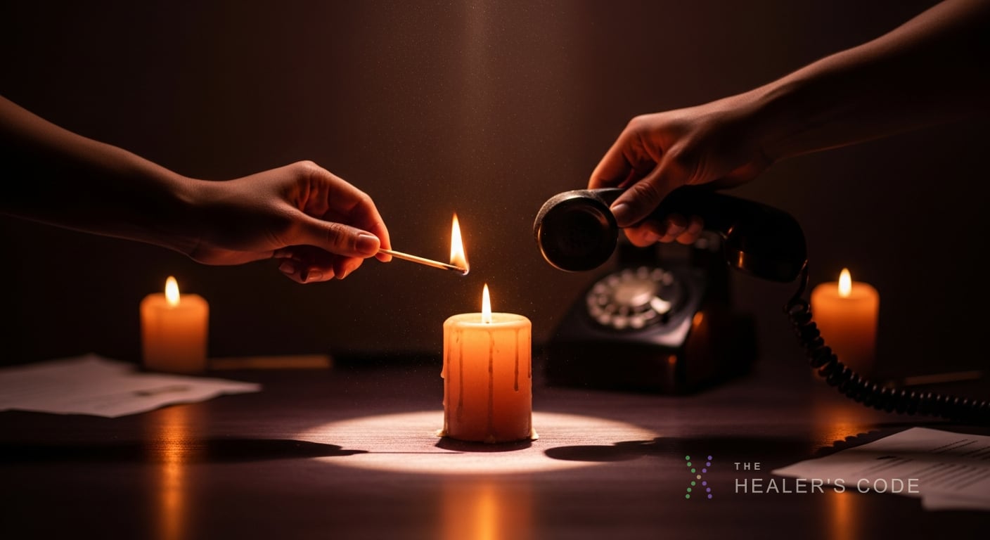 A single lit candle sits at the center of a dark plum-toned desk, its warm amber glow sharply in focus while two hands reach