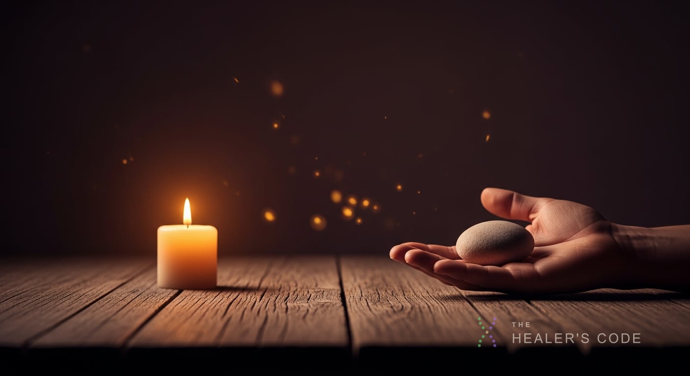 A weathered wooden table holds a single unlit candle and a plain smooth stone beside an open palm resting quietly in soft
