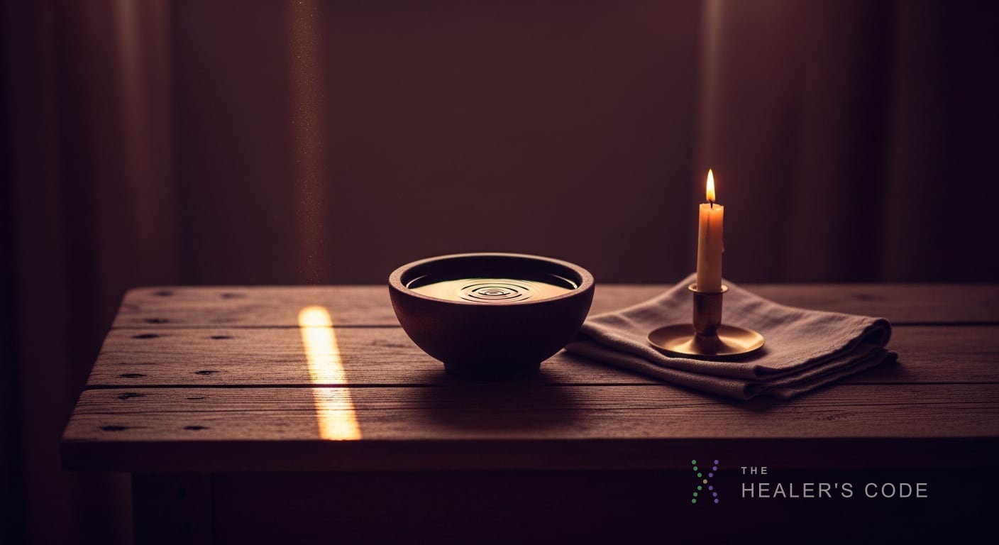 A weathered wooden table holds a single dark stone bowl of still water reflecting faint amber light from an unseen window