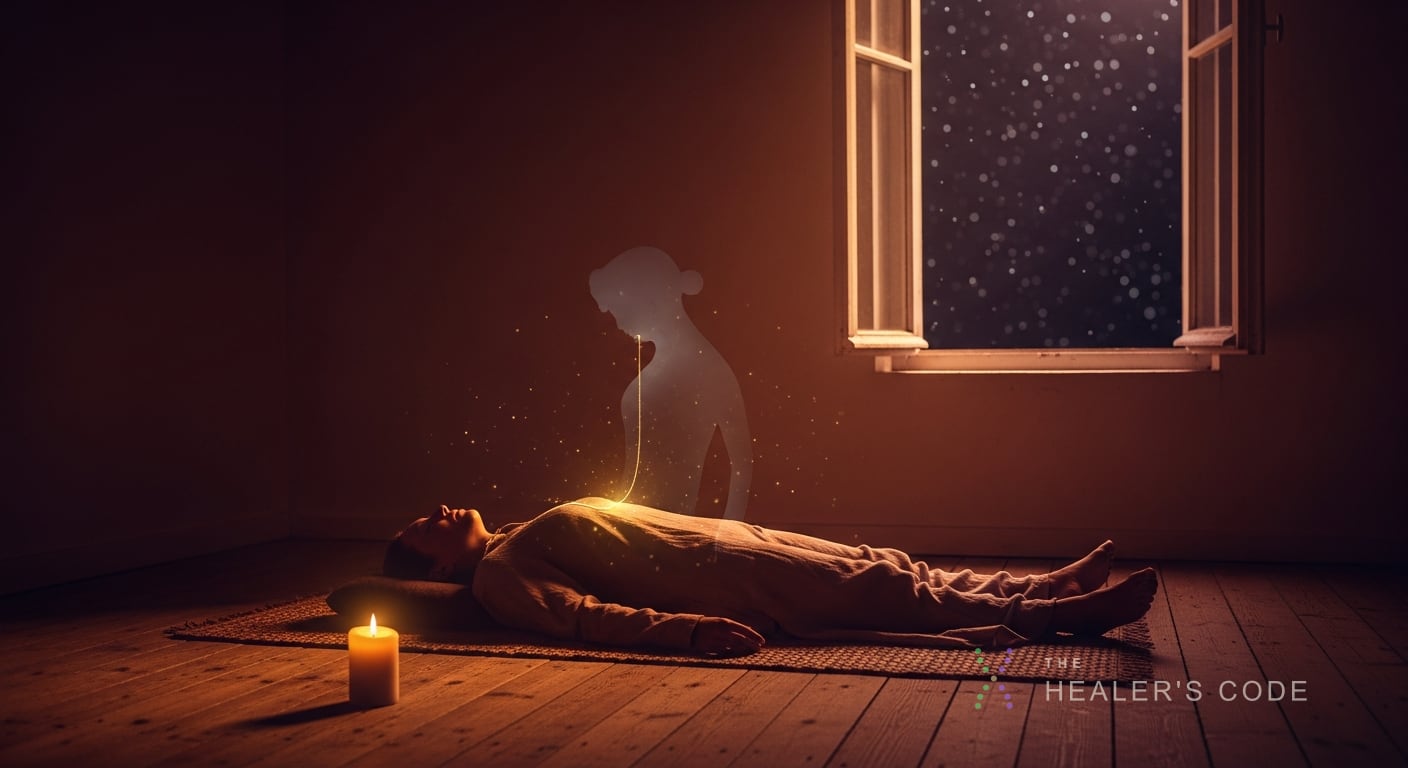 A figure lies motionless on a simple woven mat in a dim room, their physical body cast in soft amber lamplight while a faint