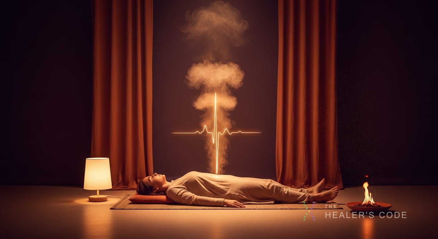 A serene figure lies motionless on a simple woven mat in a dim room, their physical form anchored in soft cream lamplight