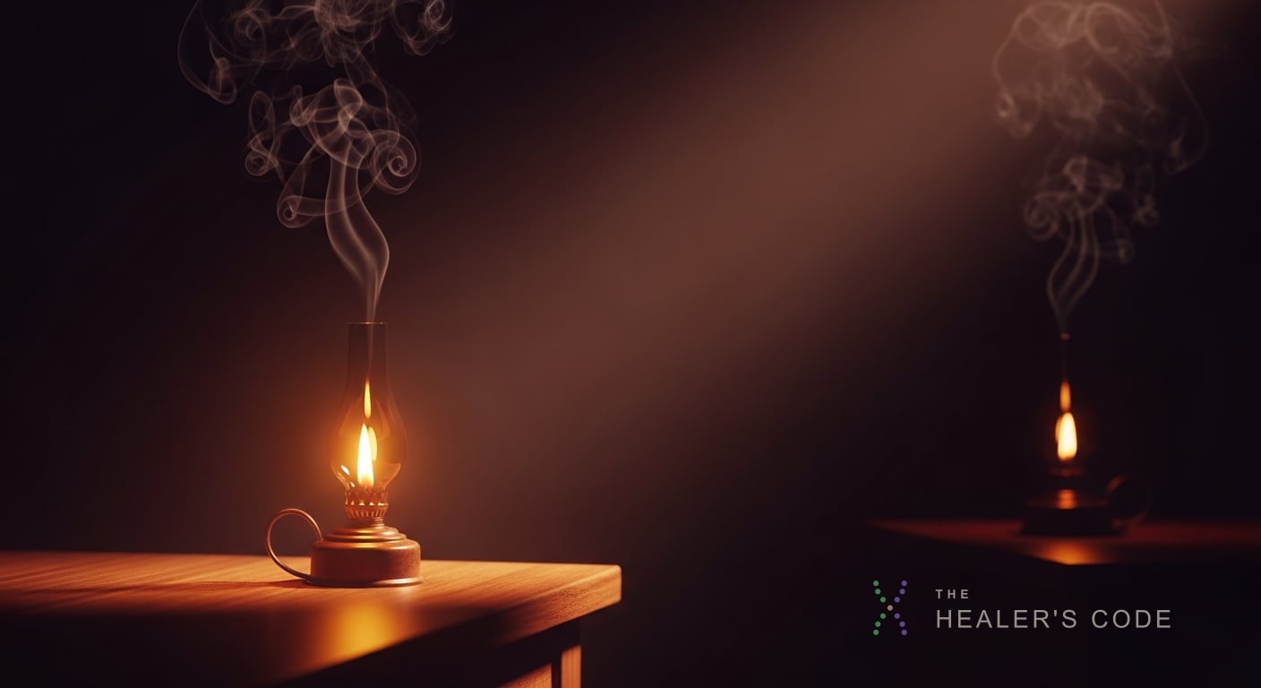 A single spotlight of warm amber cuts through deep plum darkness to illuminate one flickering oil lamp perched on a wooden