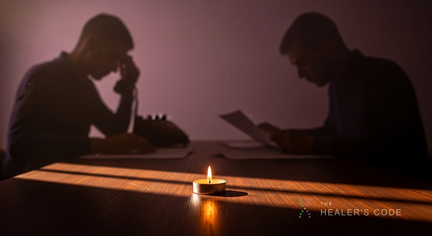 A single lit candle sits at the center of a dark wooden desk, its warm amber flame perfectly sharp and steady, while behind