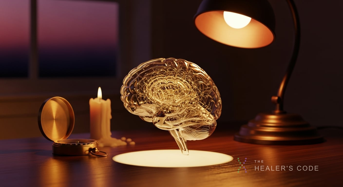 A translucent glass brain rests on a dark wooden desk beneath a single warm amber lamp, its interior threaded with delicate