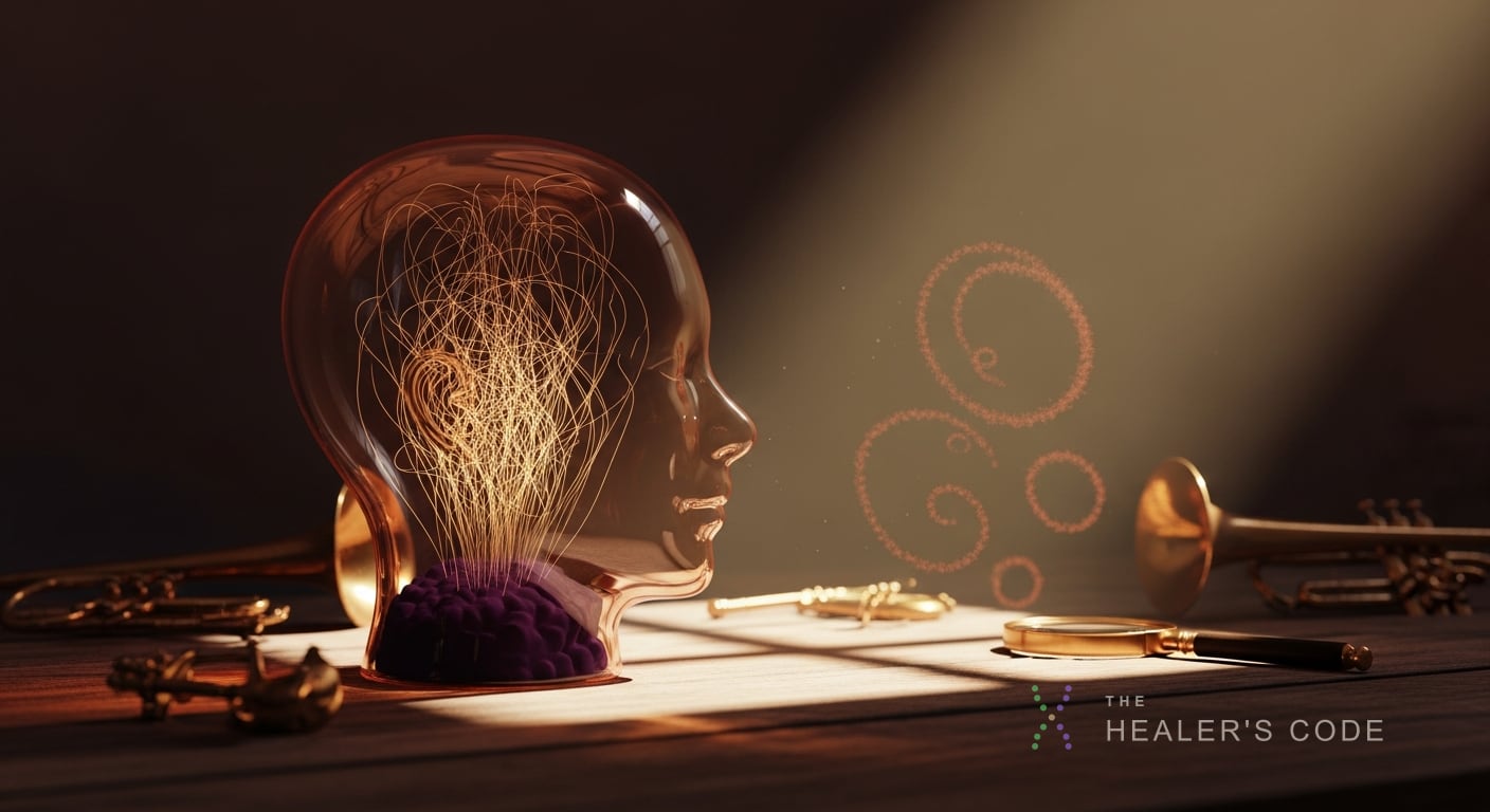 A translucent human head sculpted from thin layers of amber-lit glass sits on a weathered wooden desk in a darkened study