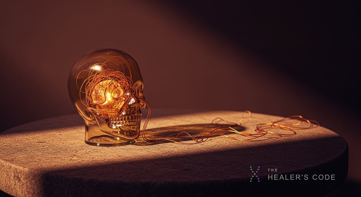 A translucent human head sculpted from thin layers of amber-lit glass sits alone on a weathered stone table, its hollow