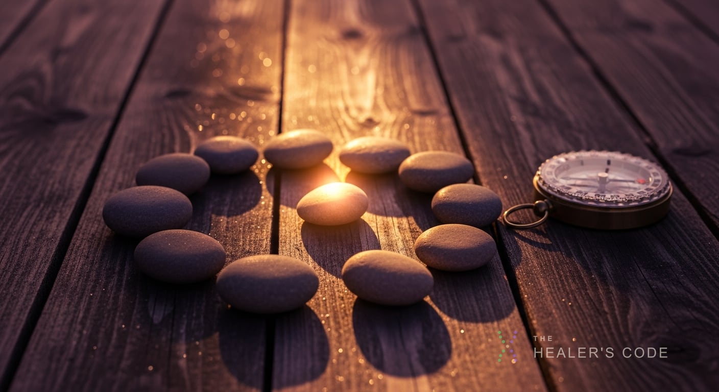 A weathered wooden table holds nine smooth river stones arranged in a spiraling arc from shadow into warm amber light, one