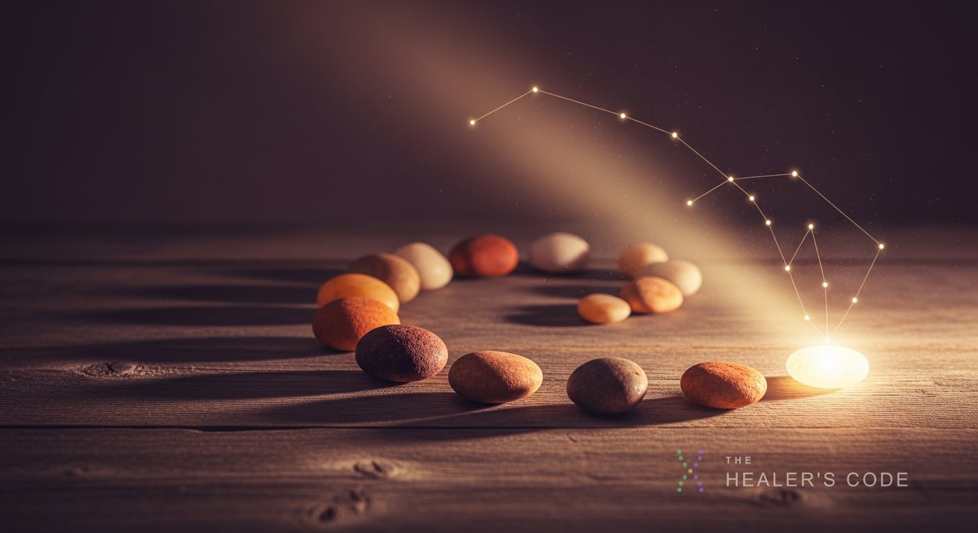 A weathered wooden table holds nine smooth stones arranged in a spiraling arc from shadow into light, each stone catching a