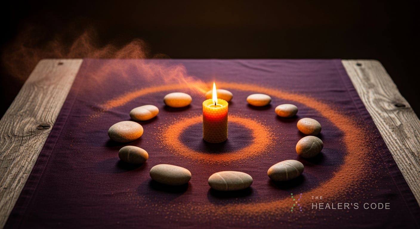 A weathered wooden table holds nine smooth river stones arranged in a spiraling ring around a single lit beeswax candle, its