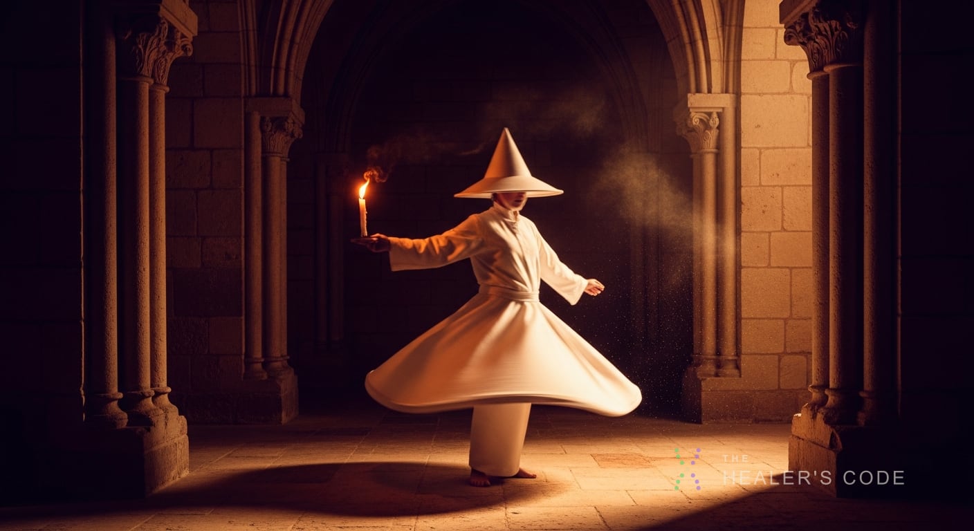 A single white conical hat and a flared ivory robe caught mid-spin in a dim stone hall, the fabric into soft radial folds of