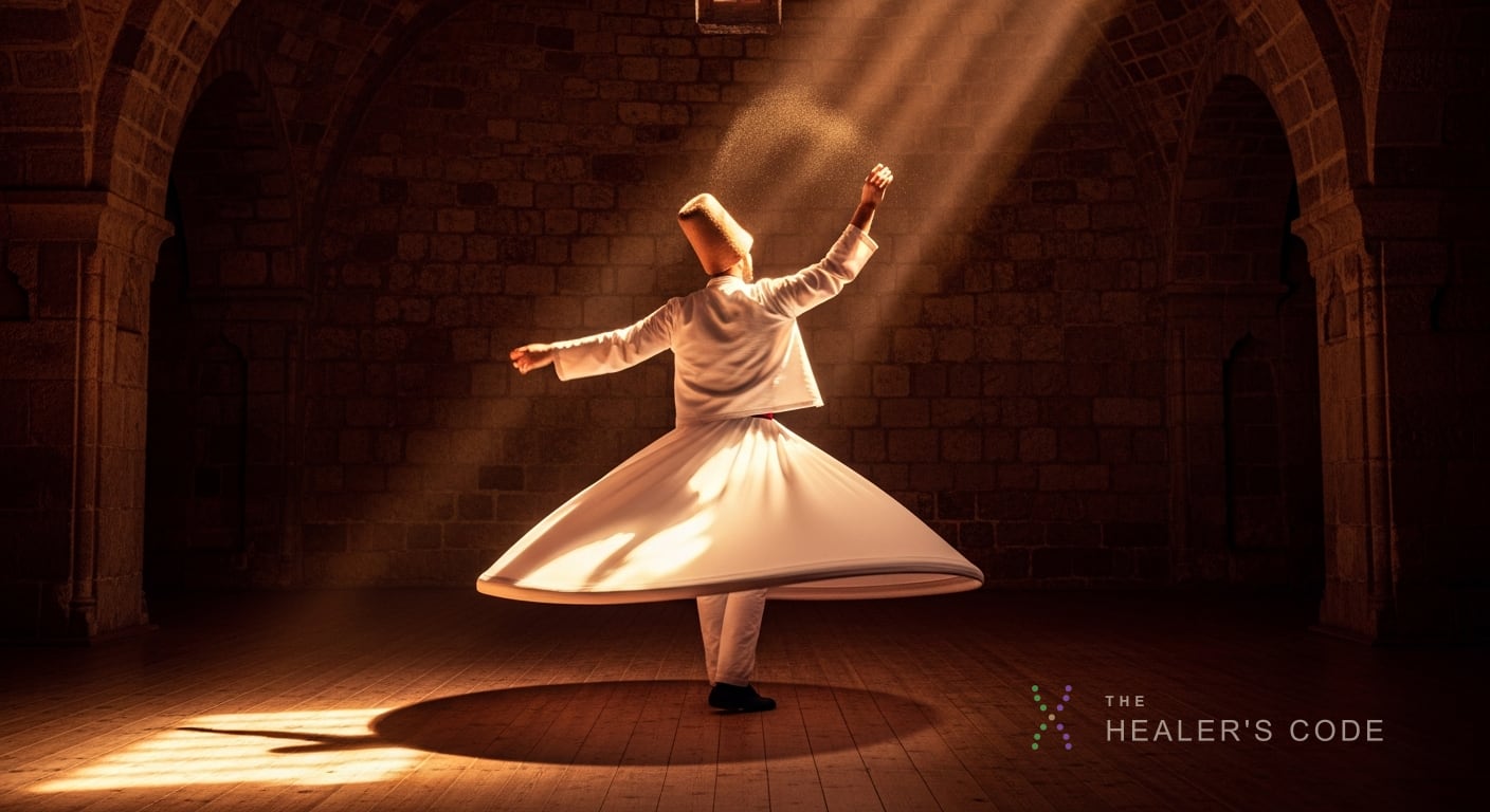 A single dervish frozen mid-turn in a stone-domed hall, the wide white skirt into a perfect radiant disc by long exposure