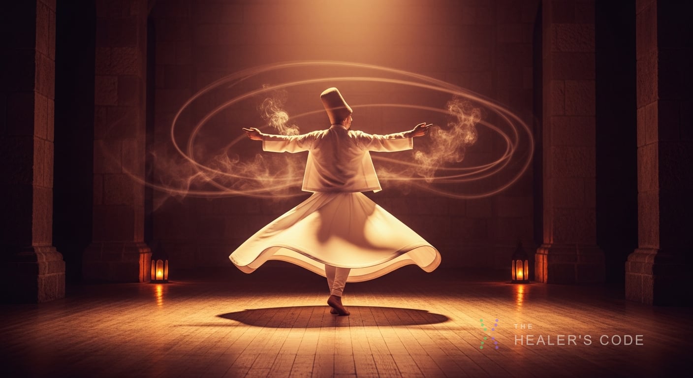A lone dervish frozen mid-spin in a vast stone hall, the white folds of his flared skirt caught like a slow-motion halo of