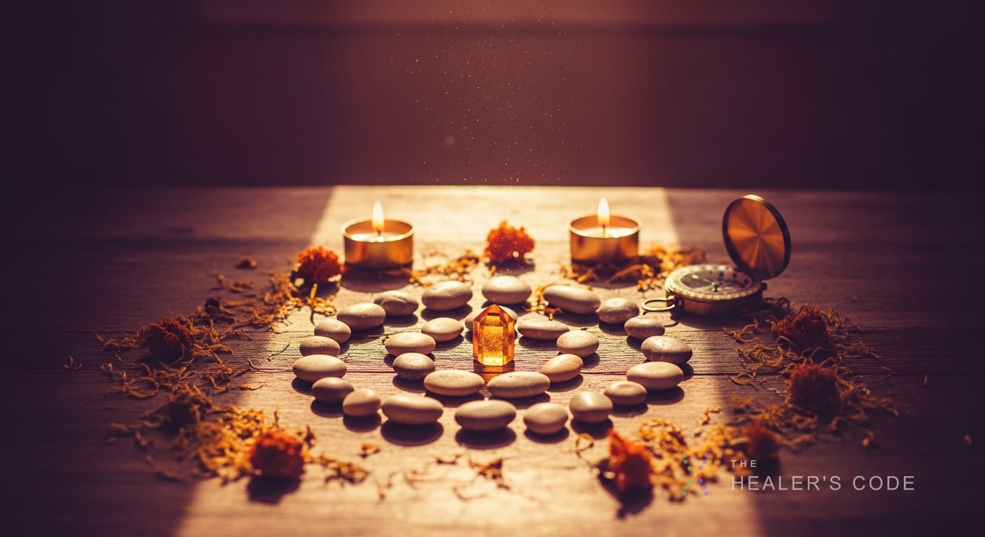 A weathered wooden desk holds a spiral of smooth river stones arranged in a descending sequence around a single glowing