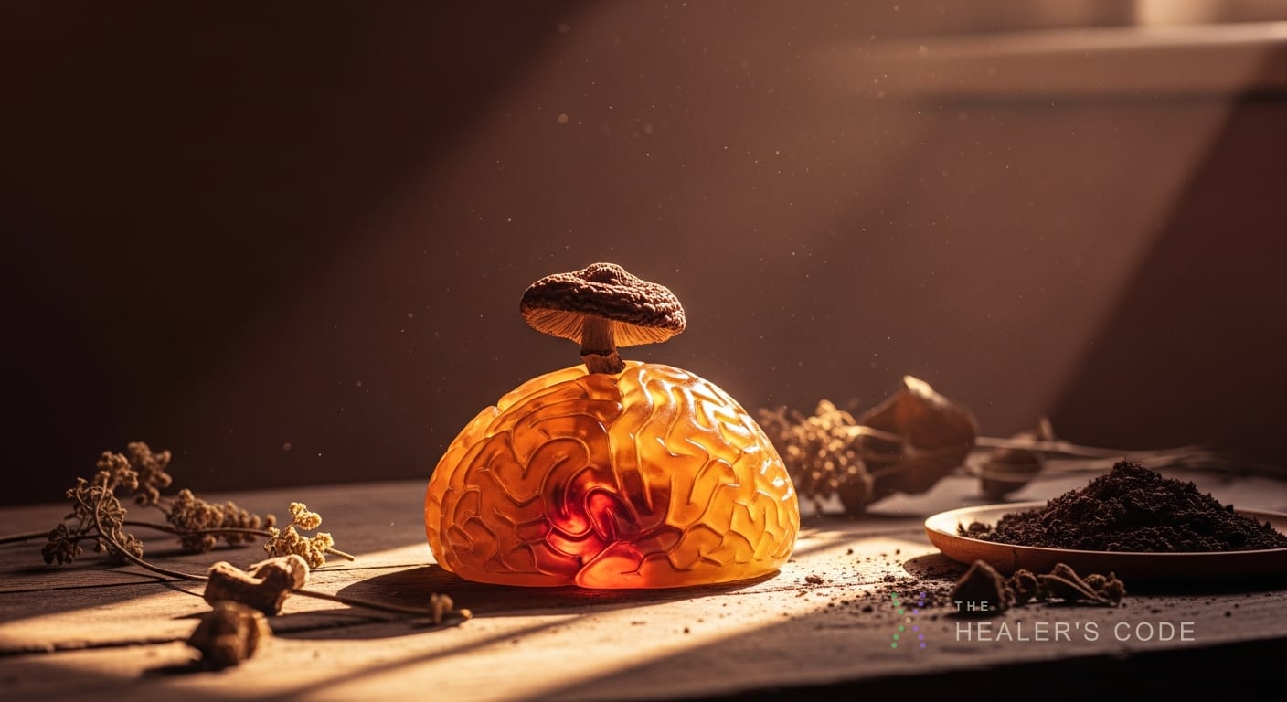 A single dried mushroom rests on an anatomical brain model made of translucent amber resin, its convoluted surface glowing