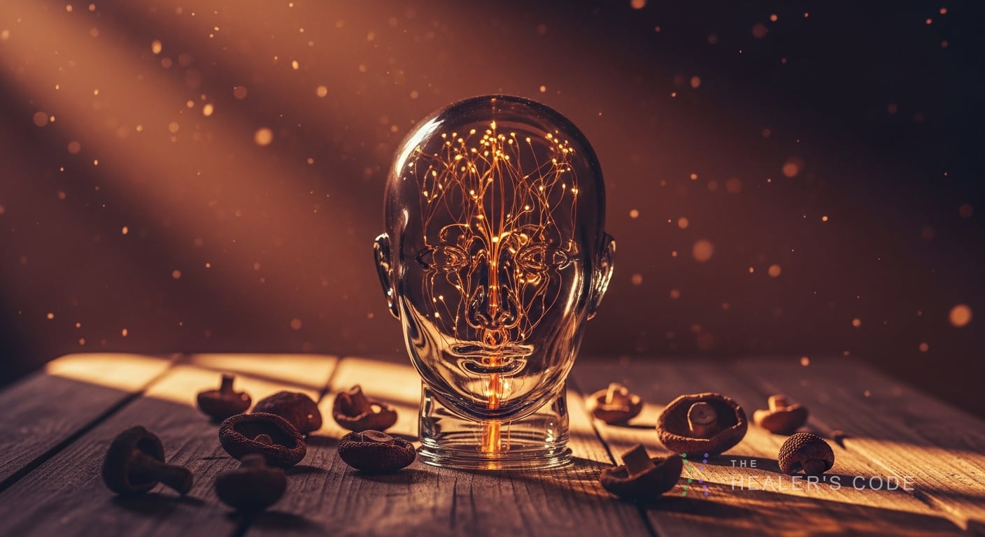 A translucent human head sculpted from smoked glass sits on a weathered wooden table, its interior glowing with delicate