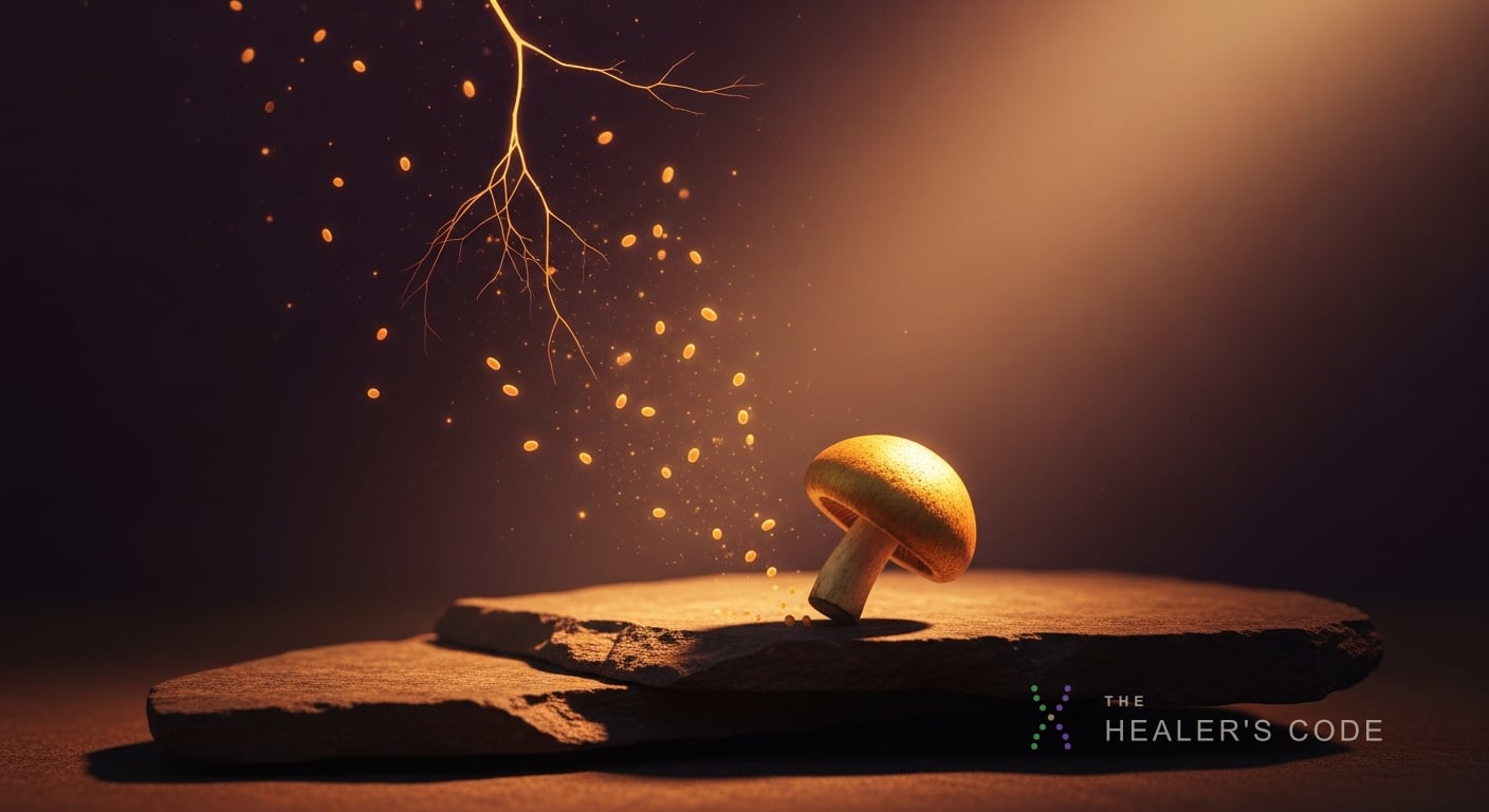 A single golden-capped mushroom rests on a fractured slab of dark stone beside a scattering of luminous amber spores that