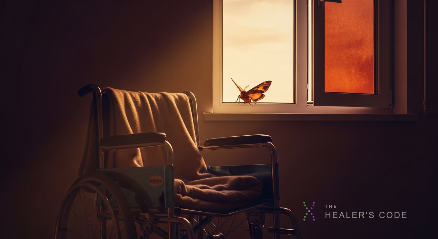 A hospital room dissolves into around a single beam of late afternoon light falling across an empty wheelchair and a folded