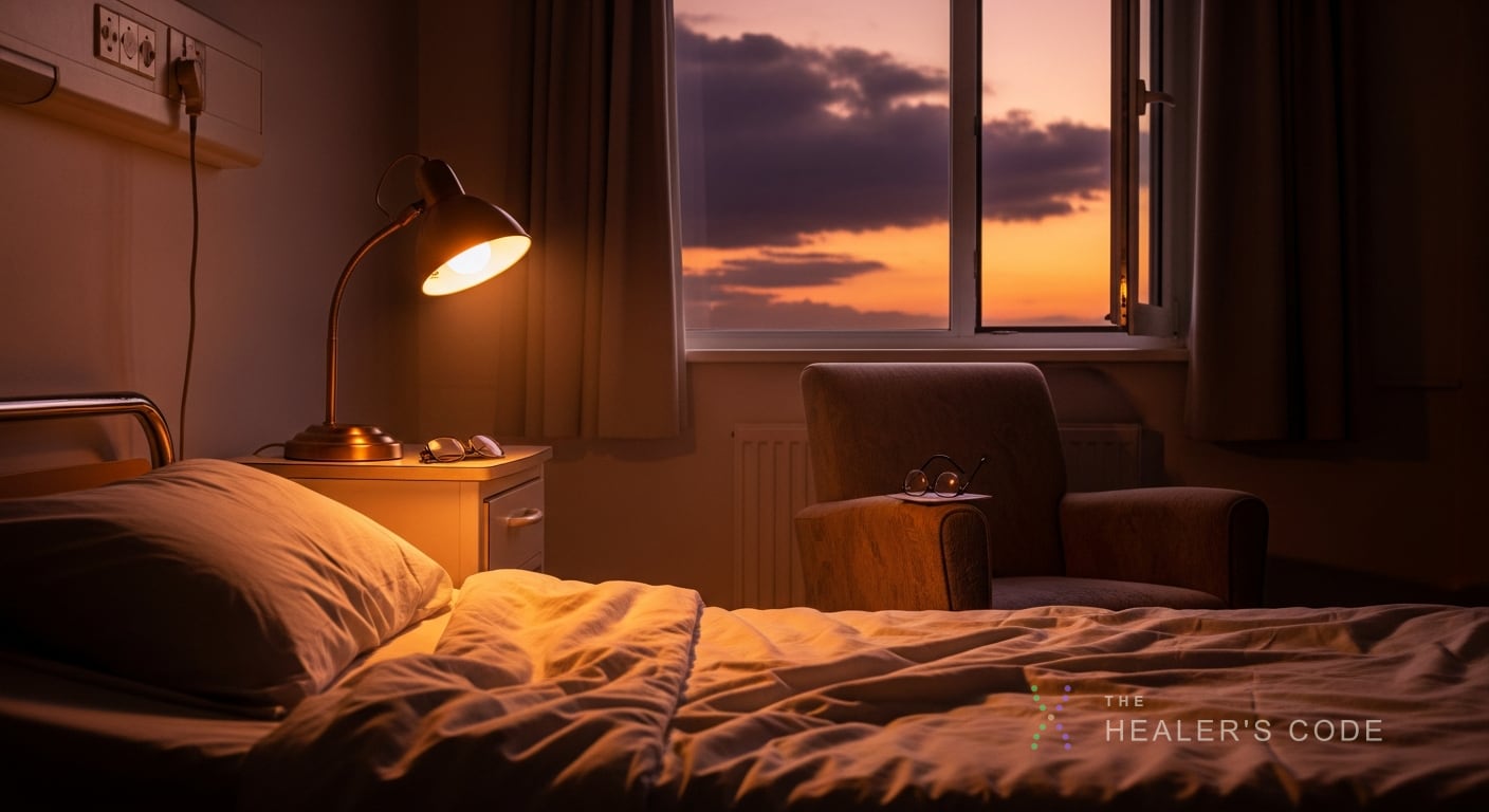 A softly lit hospital room at dusk holds a single unplugged brass lamp casting warm amber light across rumpled cream linens