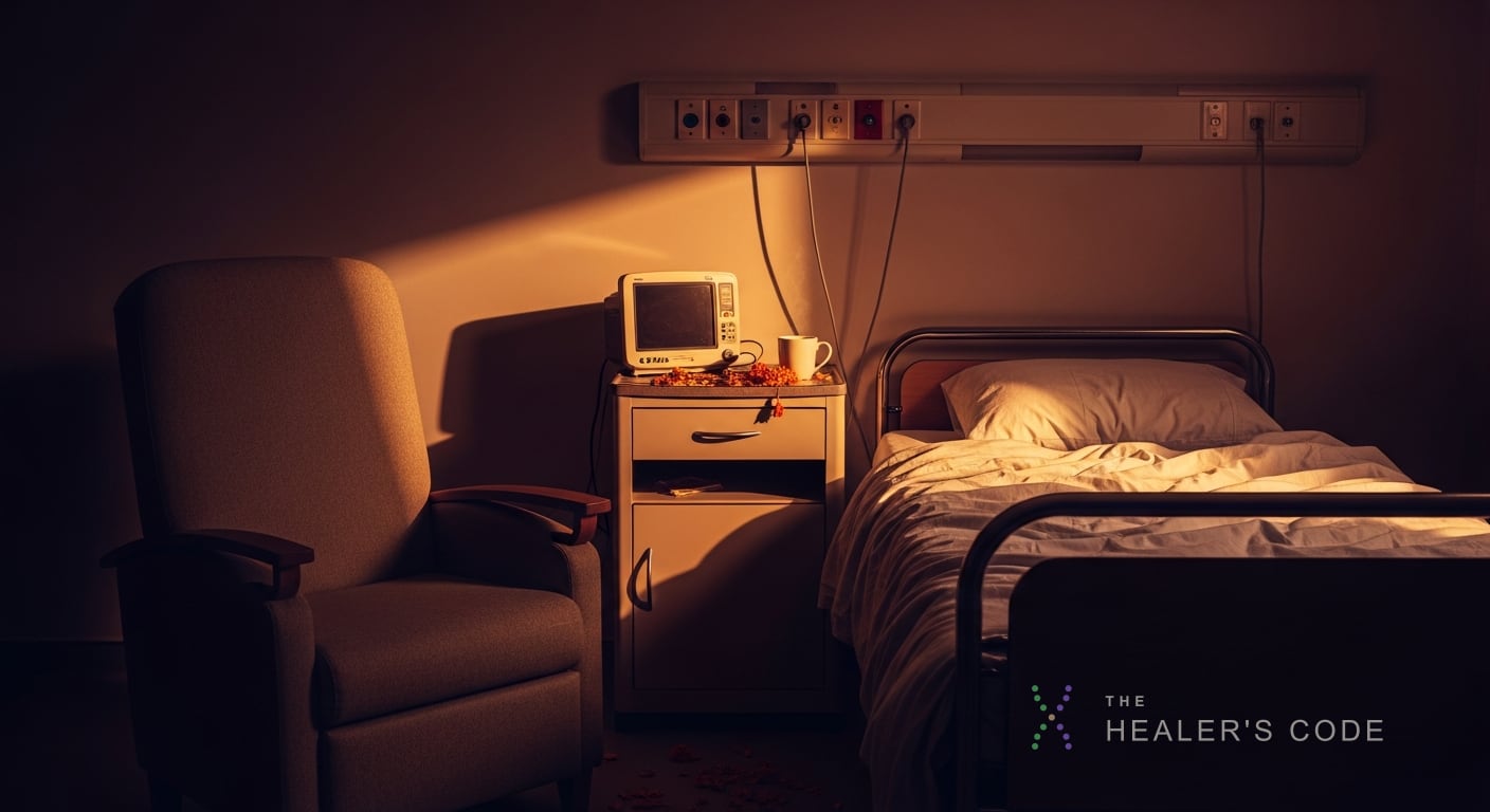 A worn hospital armchair sits empty beside a bed with rumpled linen bathed in a single shaft of warm amber light breaking