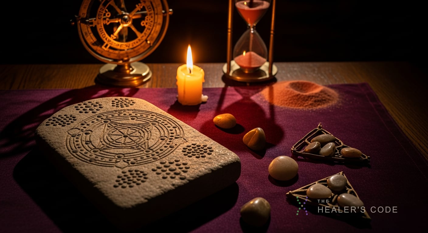 A weathered stone tablet etched with concentric geometric patterns and dot-clusters rests on a dark wooden table beside