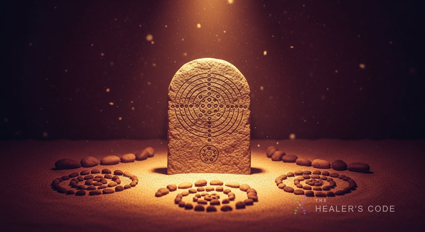 A weathered stone tablet etched with concentric geometric patterns and clusters of small carved dots rests beneath a beam of