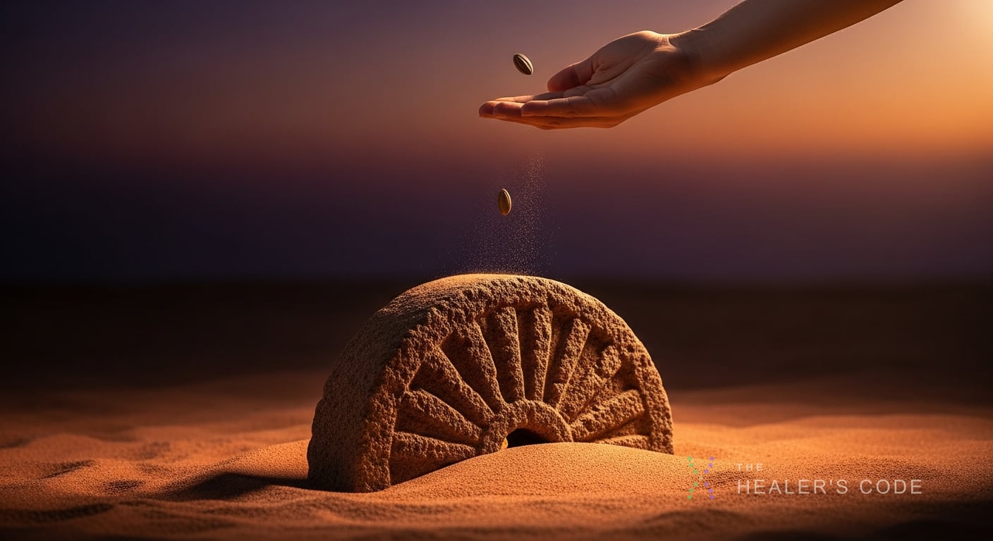 A weathered stone wheel rests half-buried in warm terracotta sand, its worn grooves catching soft gold light as a single