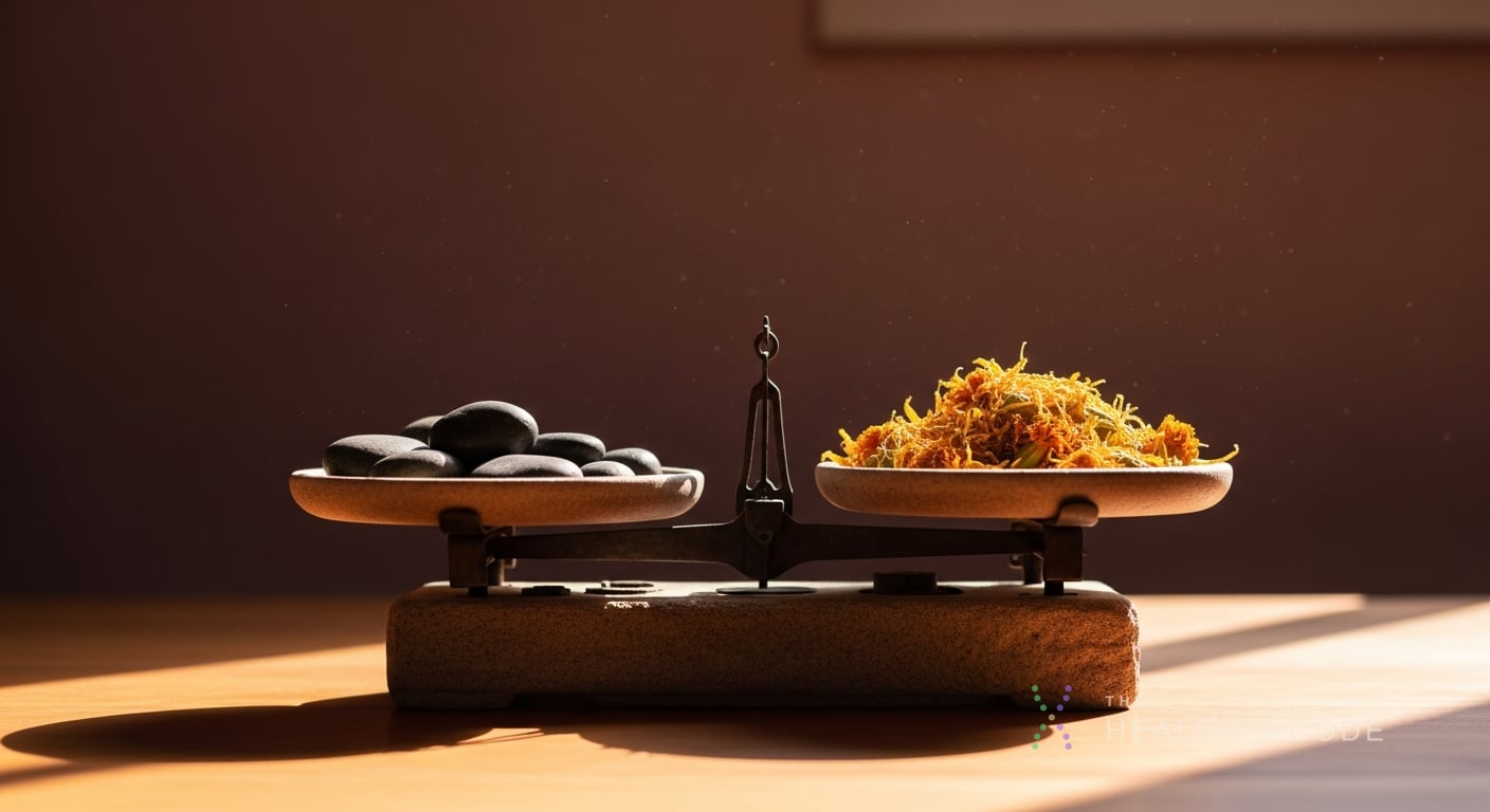 A weathered stone balance scale rests on a sunlit wooden table, one side holding a handful of dark river pebbles and the
