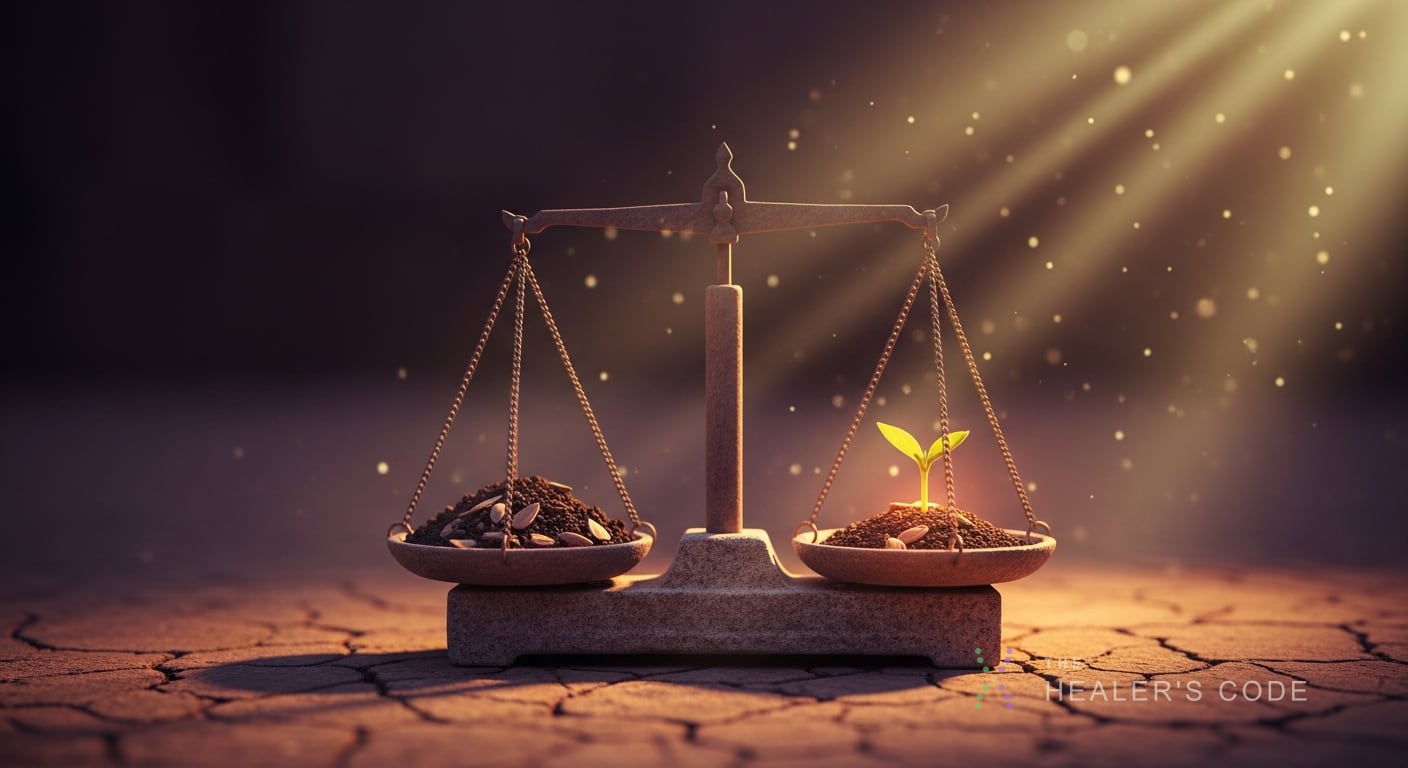 A weathered stone balance scale rests on cracked earth in a quiet courtyard at dusk, one side holding a handful of dark soil