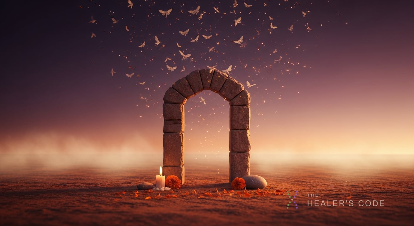 A weathered stone threshold stands alone in a vast twilight desert, its archway opening onto nothing but layered darkness