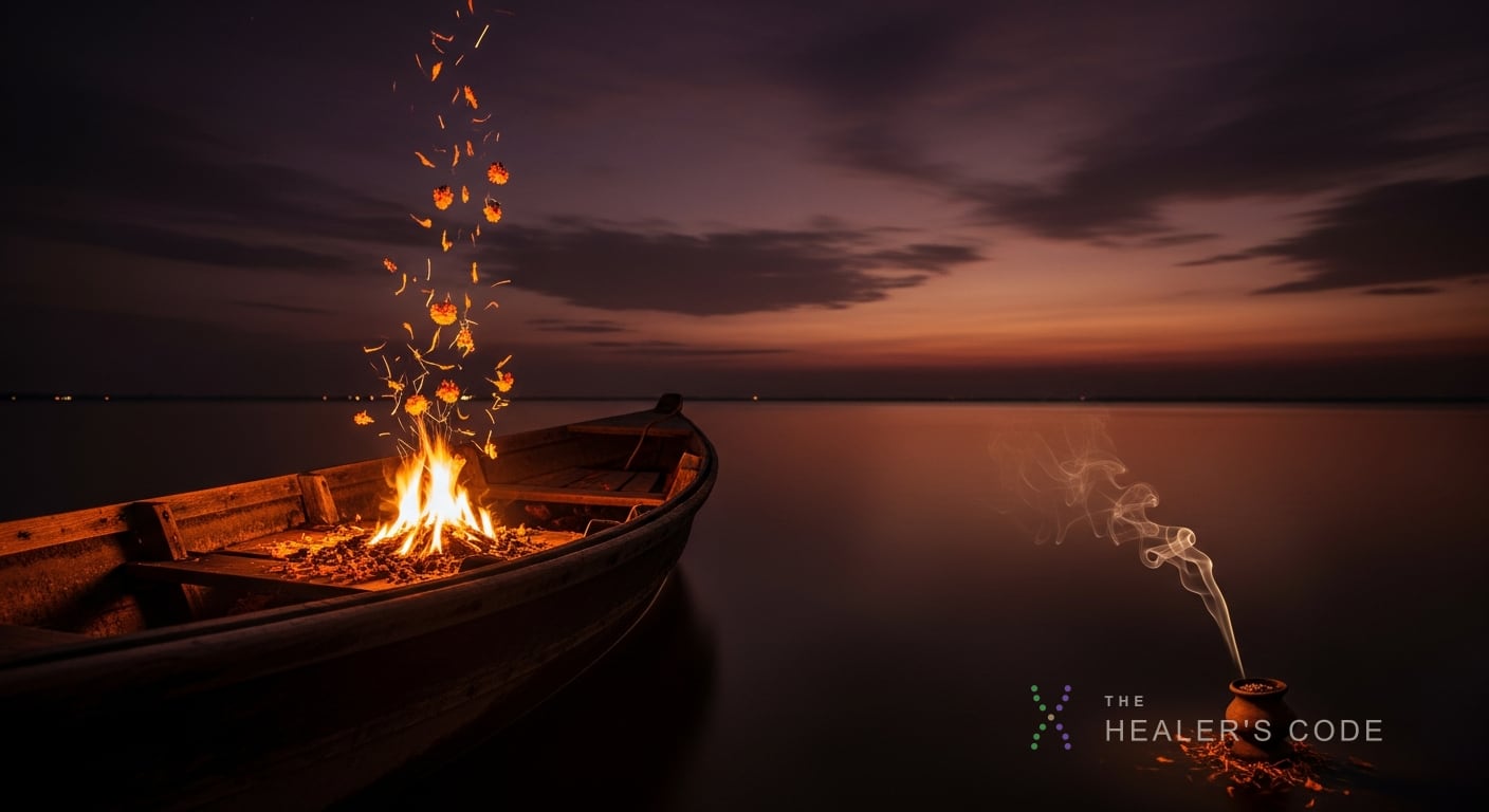 A weathered wooden boat rests half-submerged at the edge of still dark water beneath a vast night sky, its hull cradling a